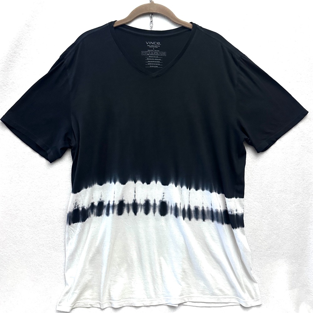 Vince Mens L Black White Dip Dye Tie Dye Pima Cotton V-Neck T-Shirt Large